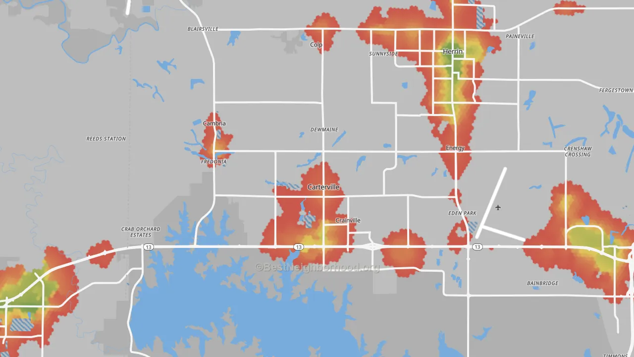 Walk Grade map of Carterville, IL, walkable areas in green and car-dependent areas in red