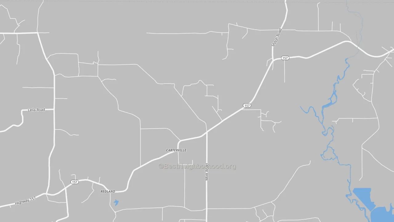 Walk Grade map of Carterville, LA, walkable areas in green and car-dependent areas in red