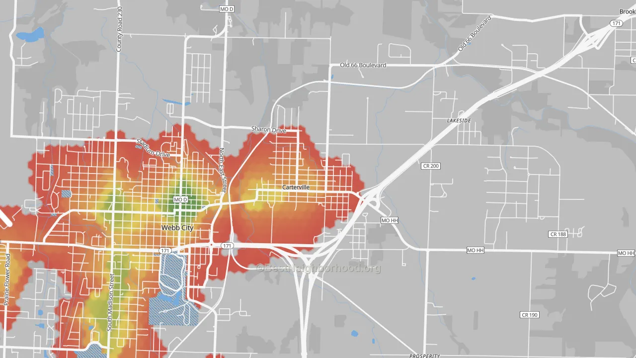 Walk Grade map of Carterville, MO, walkable areas in green and car-dependent areas in red