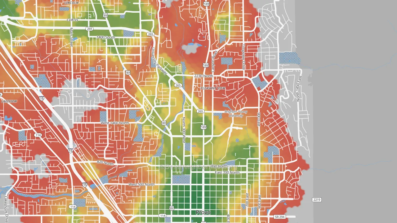 Walk Grade map of Carterville, Provo, UT, walkable areas in green and car-dependent areas in red