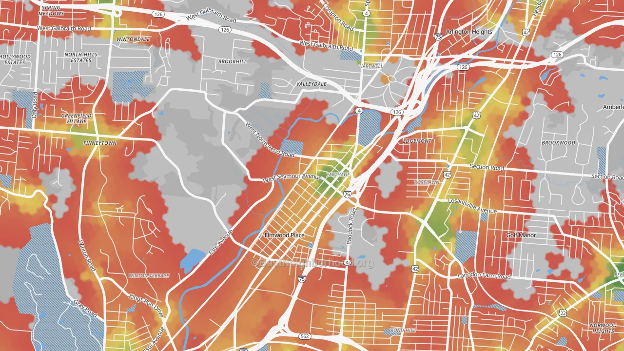 Walk Grade map of Carthage, Cincinnati, OH, walkable areas in green and car-dependent areas in red