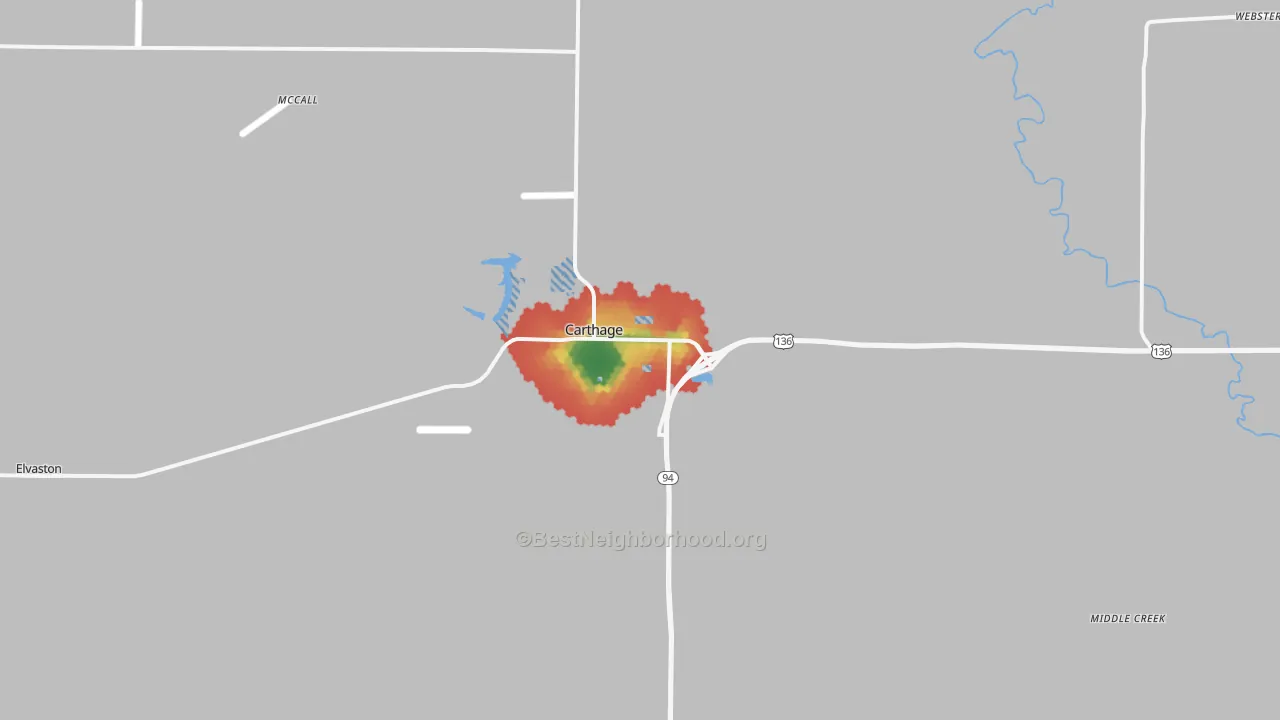 Walk Grade map of Carthage, IL, walkable areas in green and car-dependent areas in red