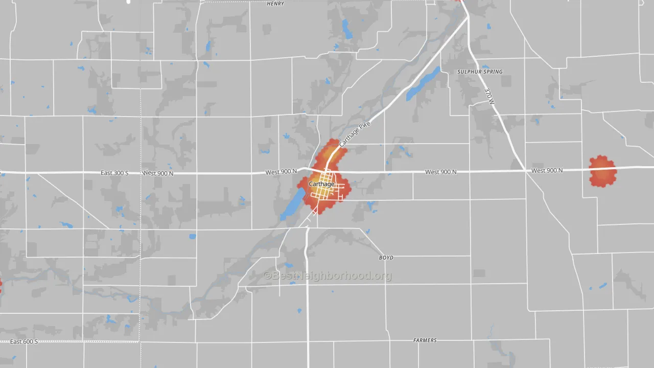 Walk Grade map of Carthage, IN, walkable areas in green and car-dependent areas in red