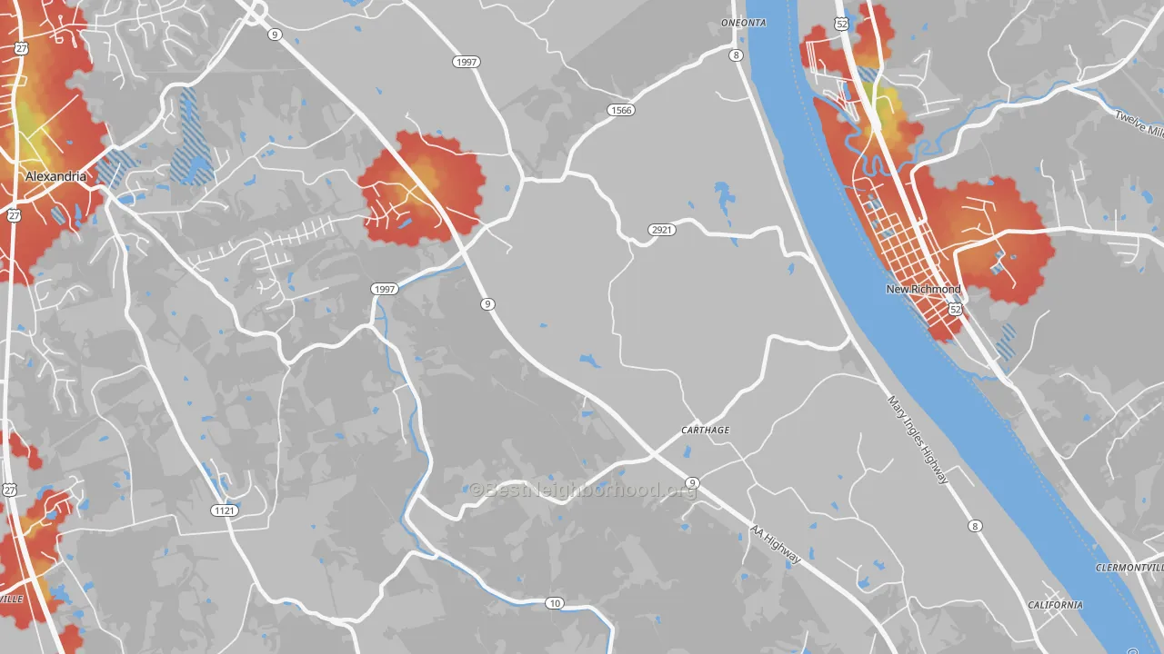 Walk Grade map of Carthage, KY, walkable areas in green and car-dependent areas in red