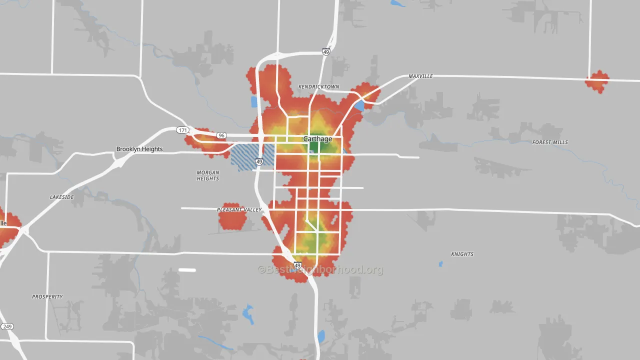 Walk Grade map of Carthage, MO, walkable areas in green and car-dependent areas in red
