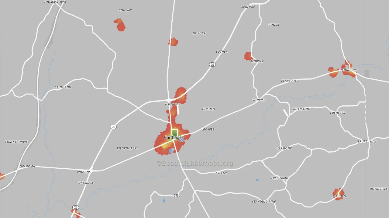 Walk Grade map of Carthage, MS, walkable areas in green and car-dependent areas in red