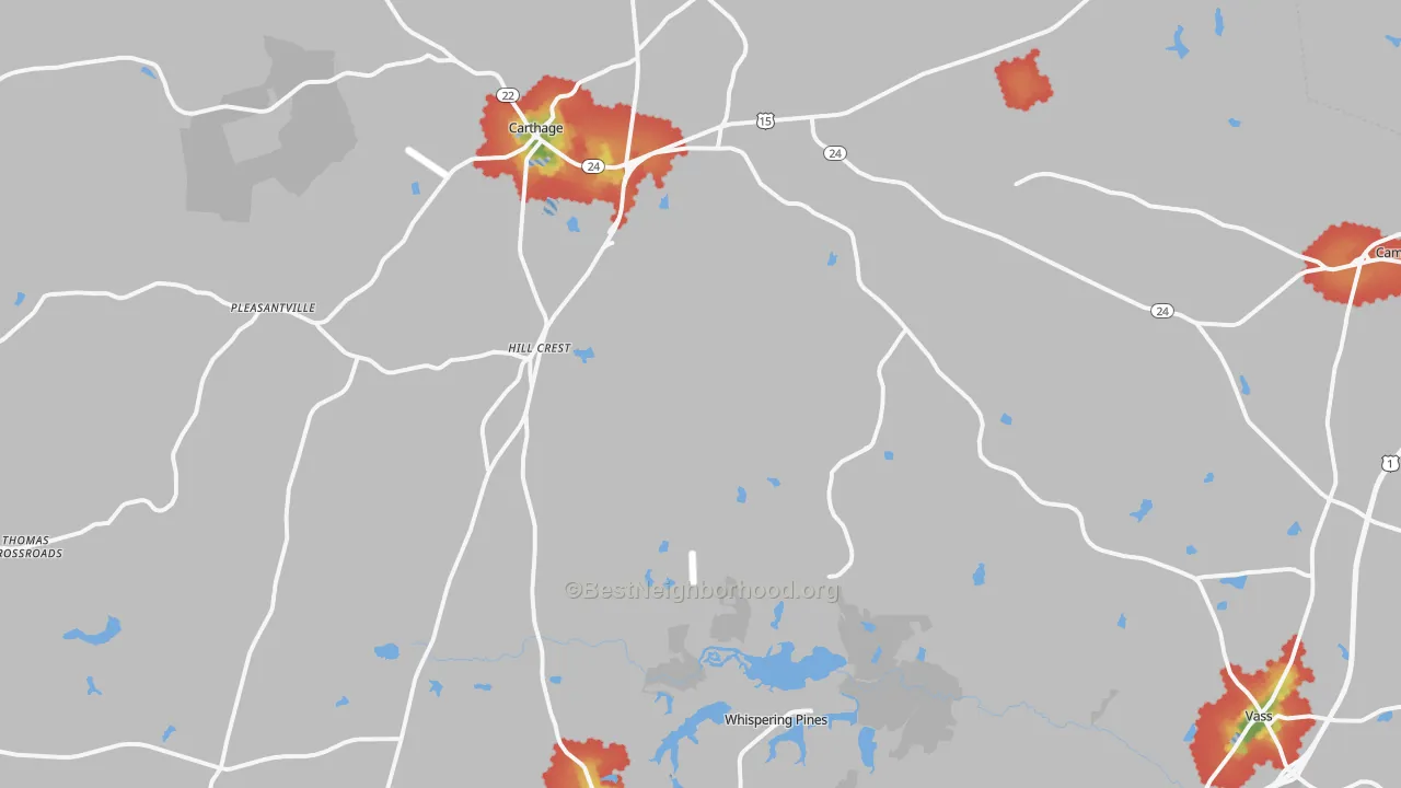 Walk Grade map of Carthage, NC, walkable areas in green and car-dependent areas in red