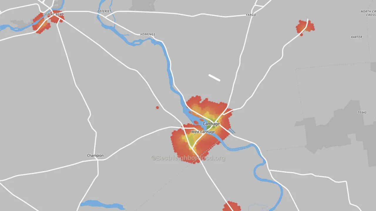 Walk Grade map of Carthage, NY, walkable areas in green and car-dependent areas in red