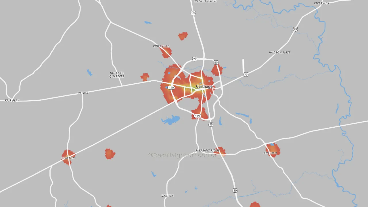 Walk Grade map of Carthage, TX, walkable areas in green and car-dependent areas in red