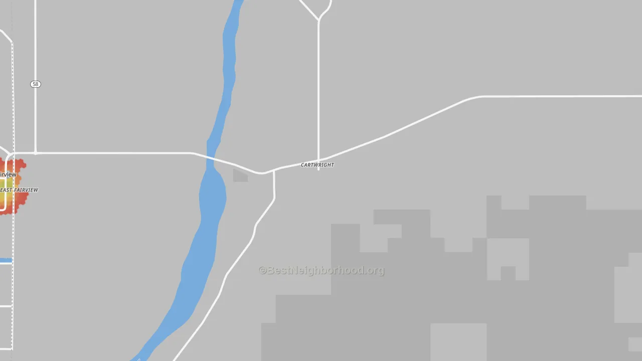Walk Grade map of Cartwright, ND, walkable areas in green and car-dependent areas in red