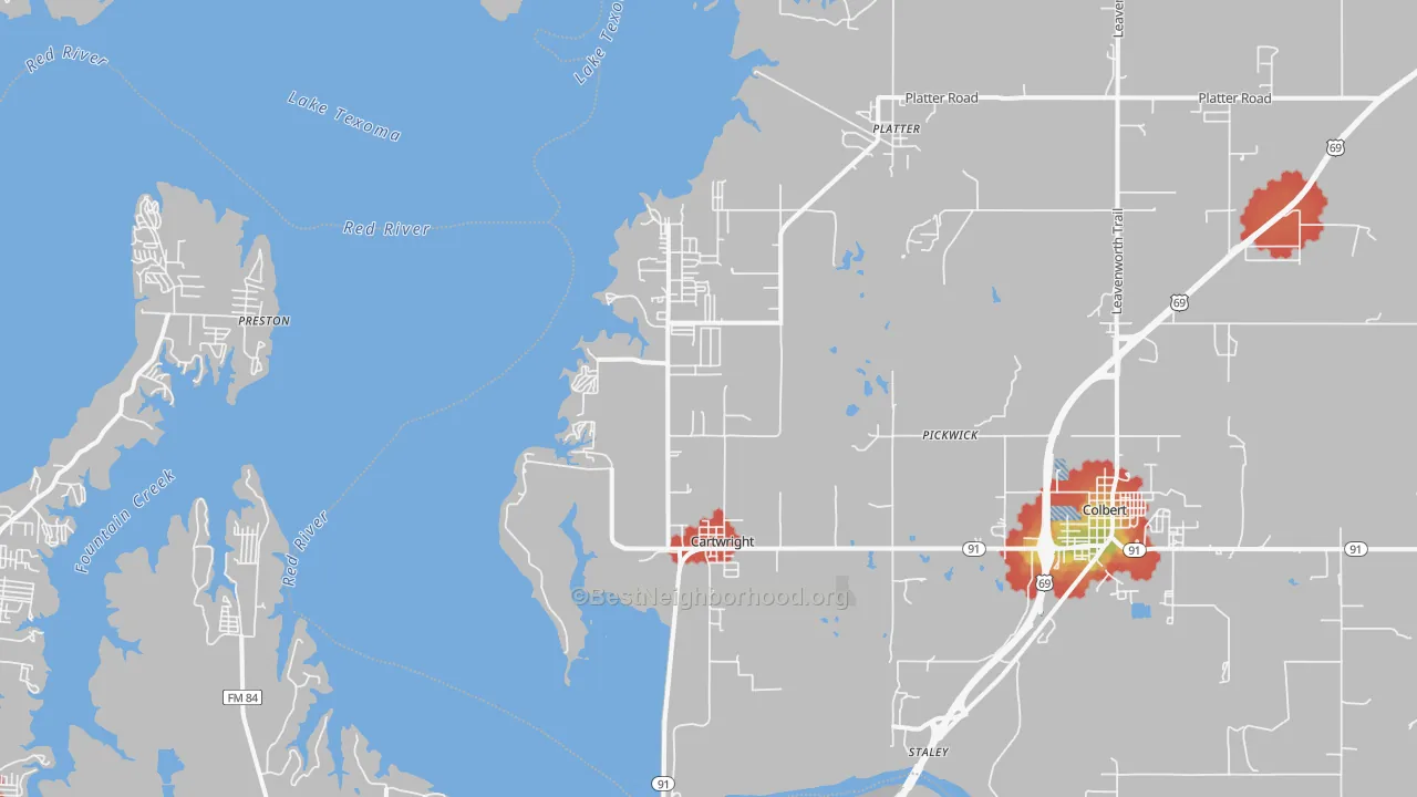 Walk Grade map of Cartwright, OK, walkable areas in green and car-dependent areas in red