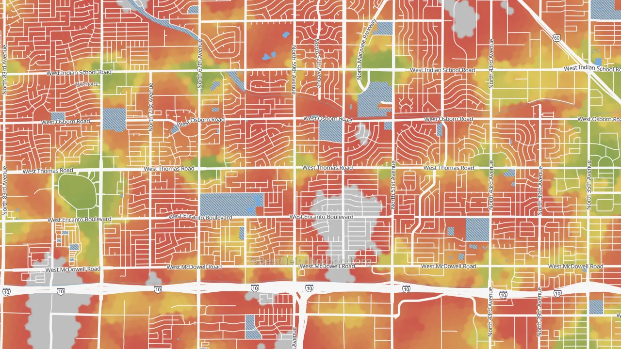 Walk Grade map of Cartwright, Phoenix, AZ, walkable areas in green and car-dependent areas in red