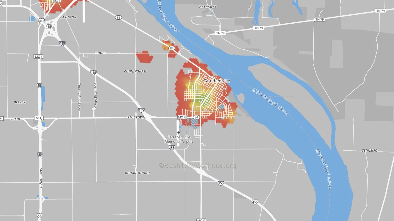 Walk Grade map of Caruthersville, MO, walkable areas in green and car-dependent areas in red