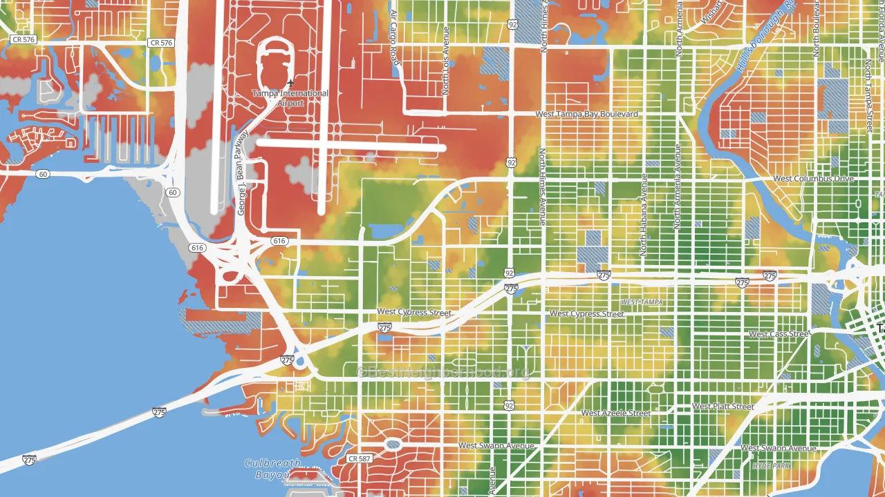 Walk Grade map of Carver City-Lincoln Gardens, Tampa, FL, walkable areas in green and car-dependent areas in red