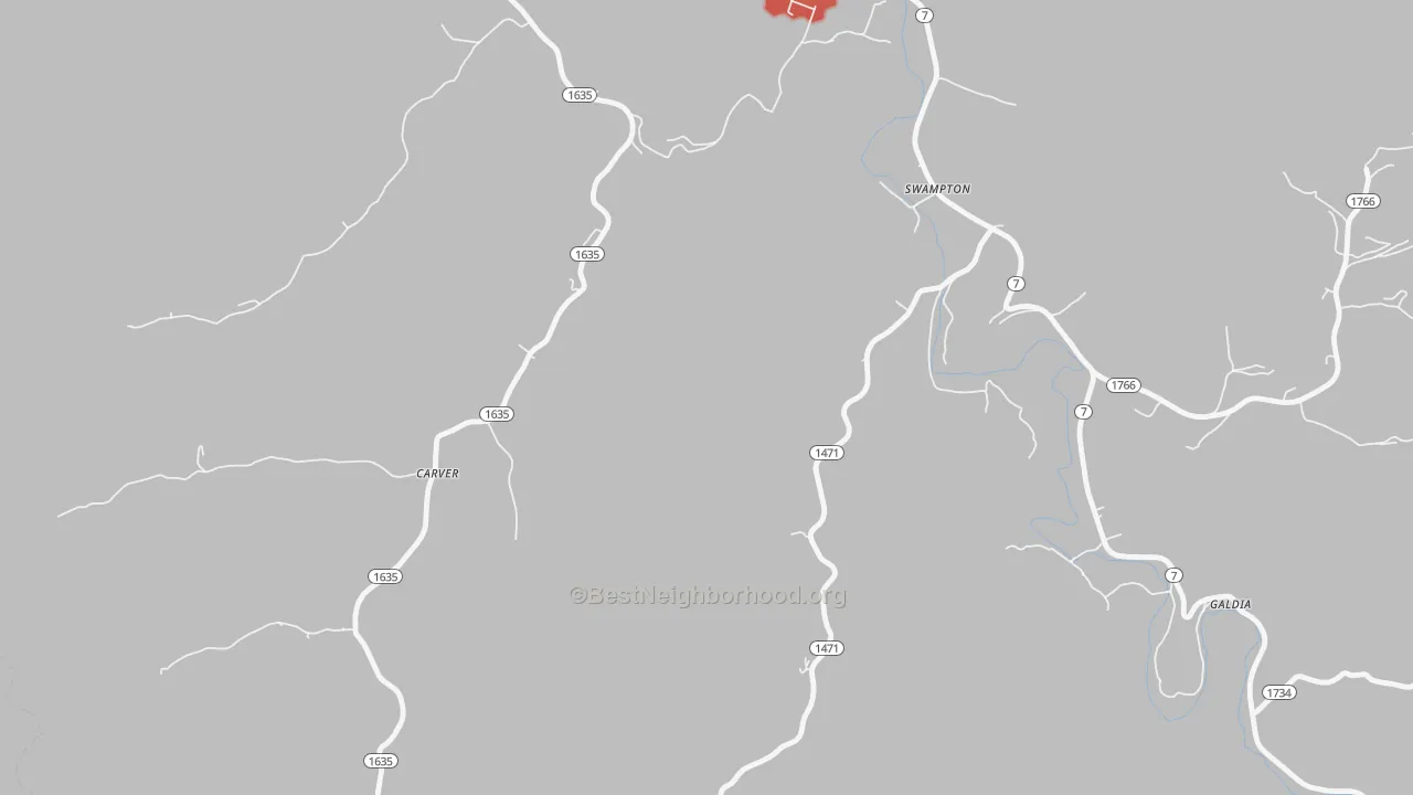 Walk Grade map of Carver, KY, walkable areas in green and car-dependent areas in red