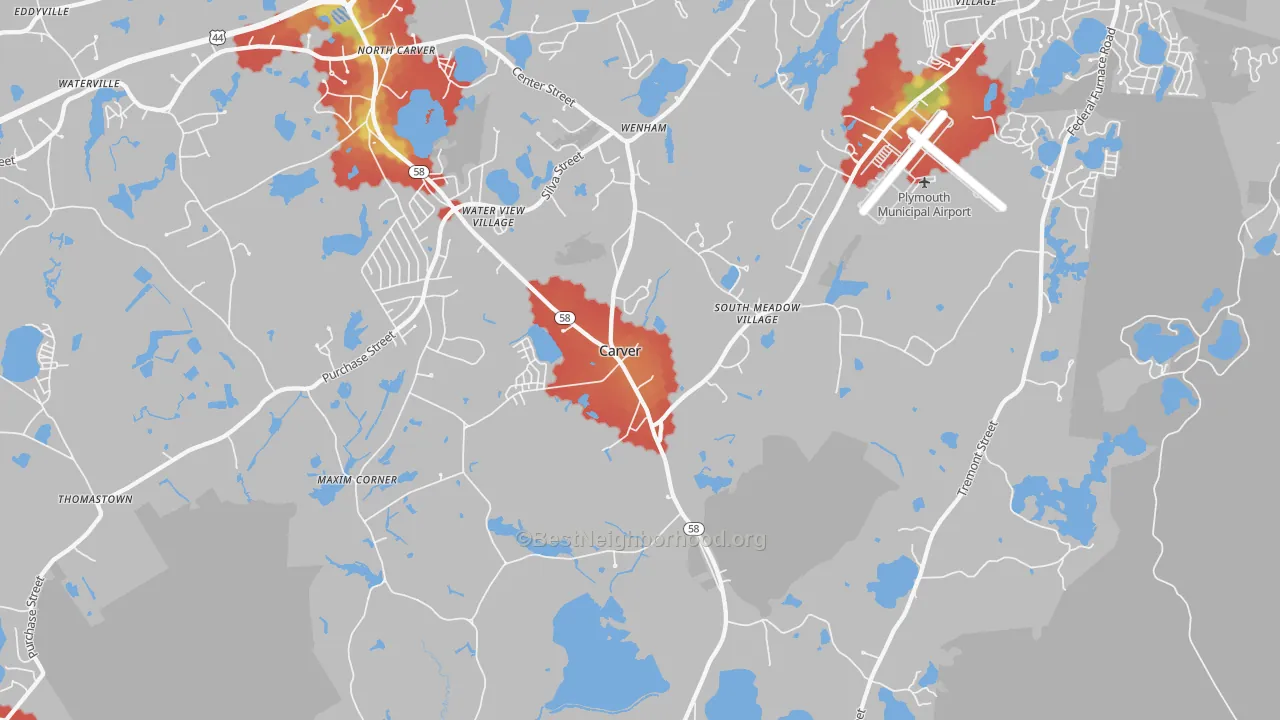 Walk Grade map of Carver, MA, walkable areas in green and car-dependent areas in red
