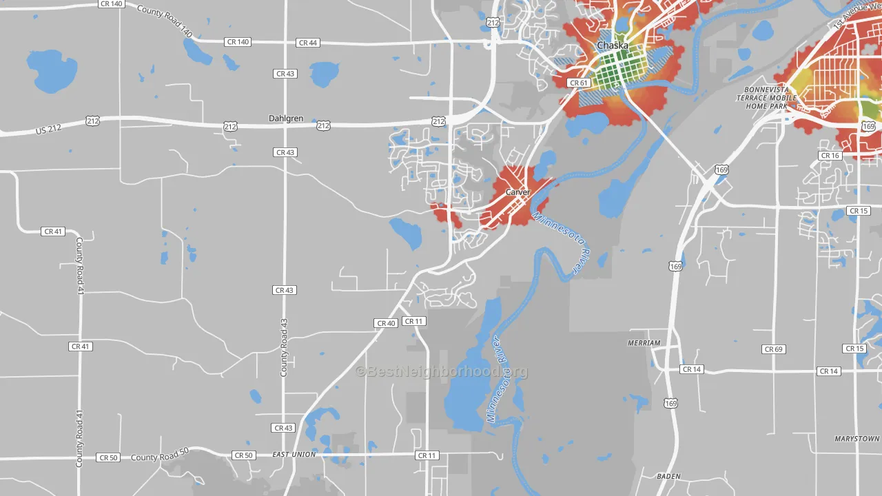 Walk Grade map of Carver, MN, walkable areas in green and car-dependent areas in red
