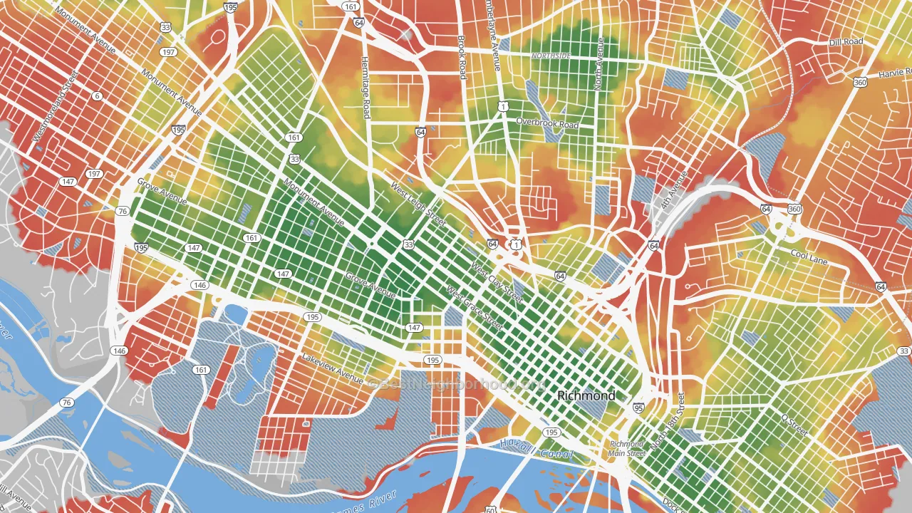 Walk Grade map of Carver-Richmond, Richmond, VA, walkable areas in green and car-dependent areas in red