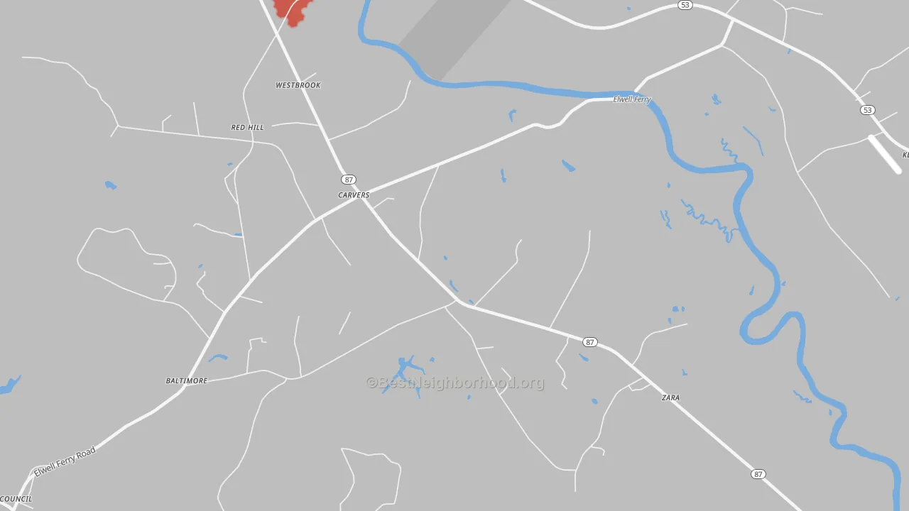Walk Grade map of Carvers, NC, walkable areas in green and car-dependent areas in red