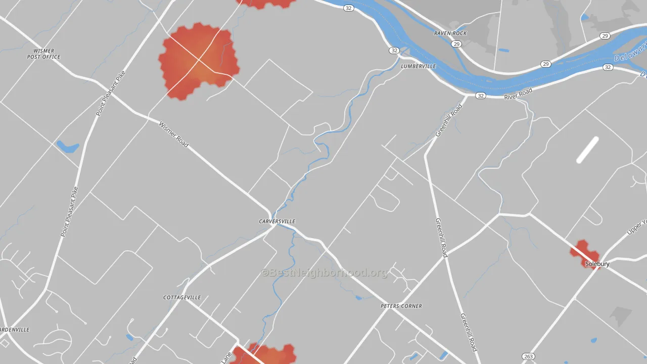Walk Grade map of Carversville, PA, walkable areas in green and car-dependent areas in red