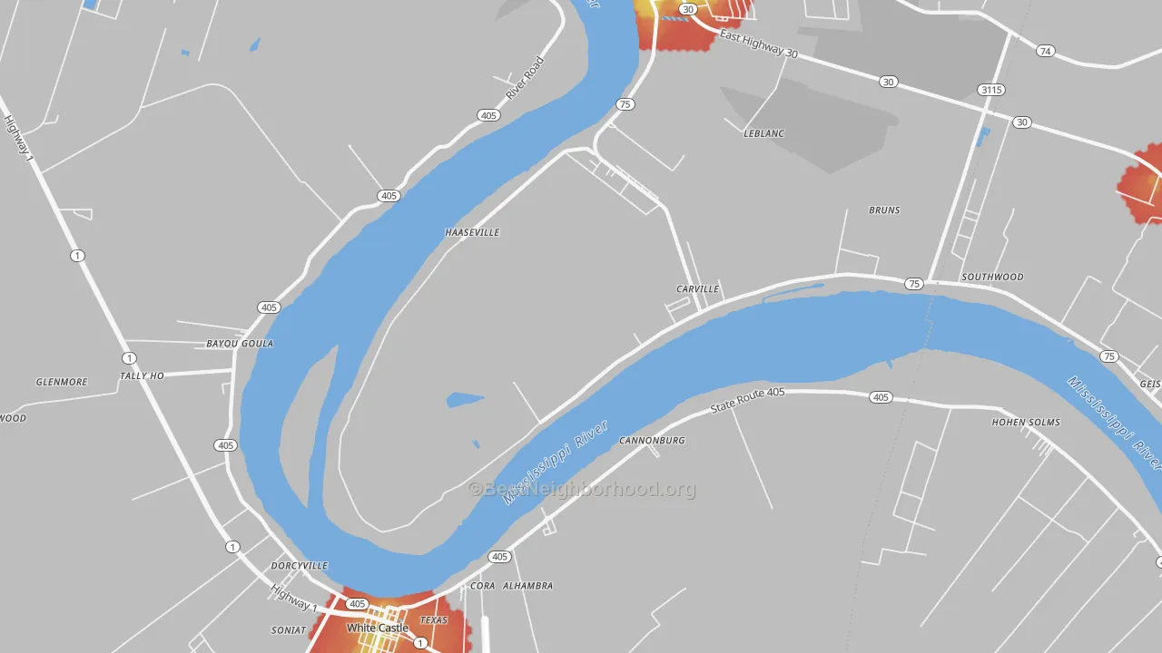 Walk Grade map of Carville, LA, walkable areas in green and car-dependent areas in red