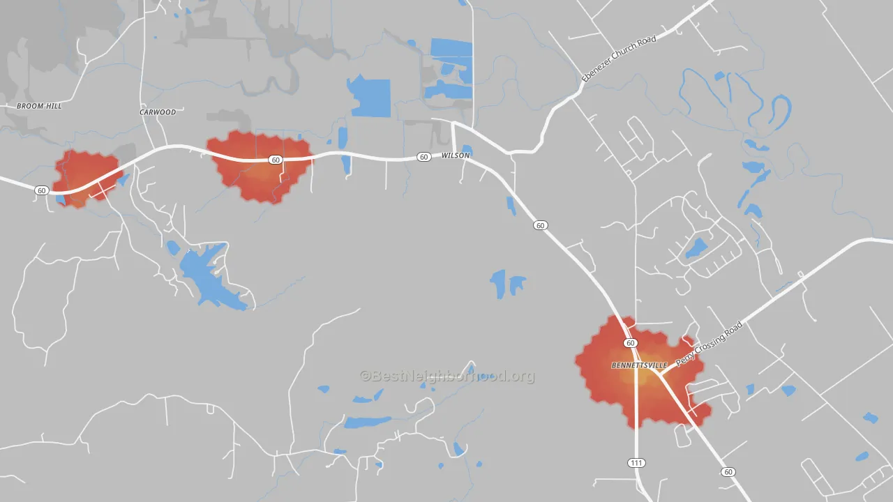 Walk Grade map of Carwood, IN, walkable areas in green and car-dependent areas in red