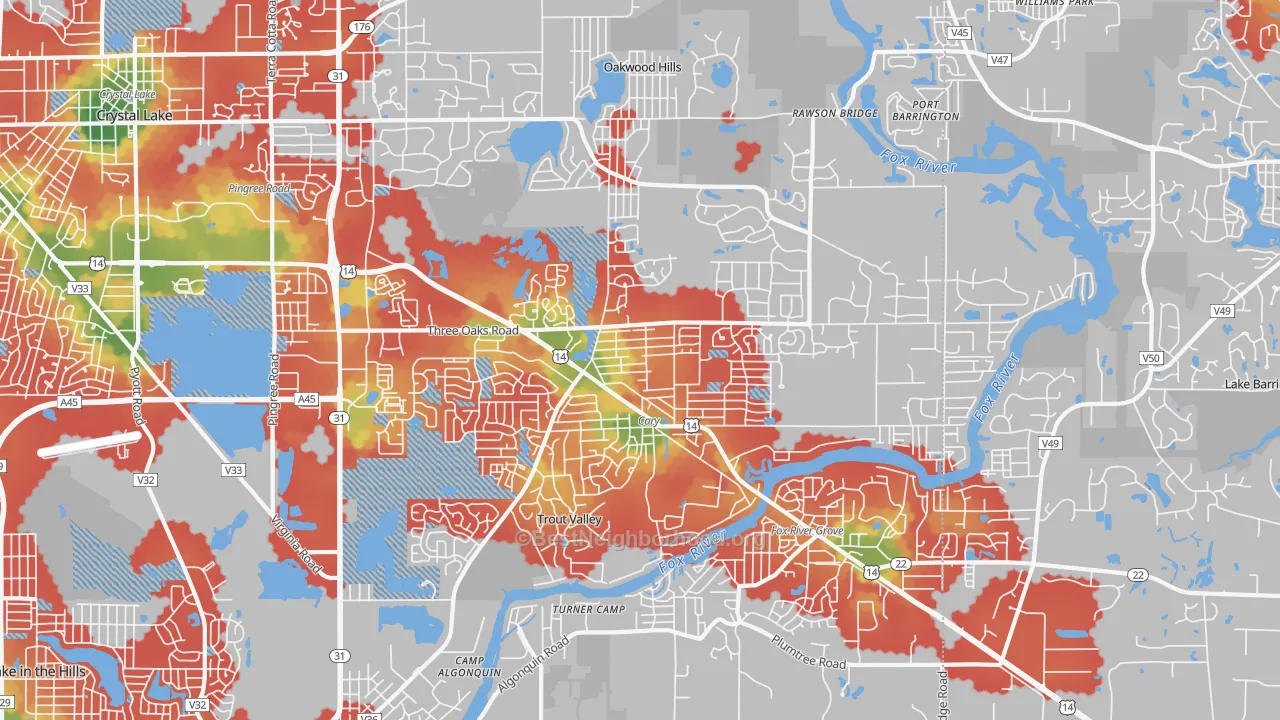 Walk Grade map of Cary, IL, walkable areas in green and car-dependent areas in red