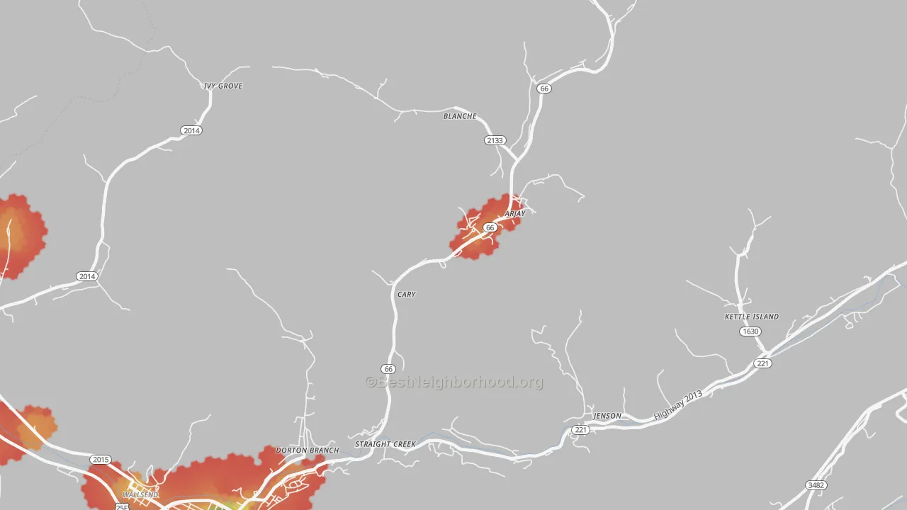 Walk Grade map of Cary, KY, walkable areas in green and car-dependent areas in red