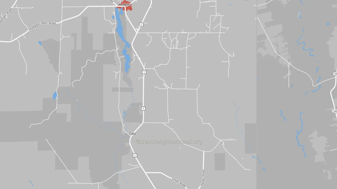 Walk Grade map of Cary, ME, walkable areas in green and car-dependent areas in red