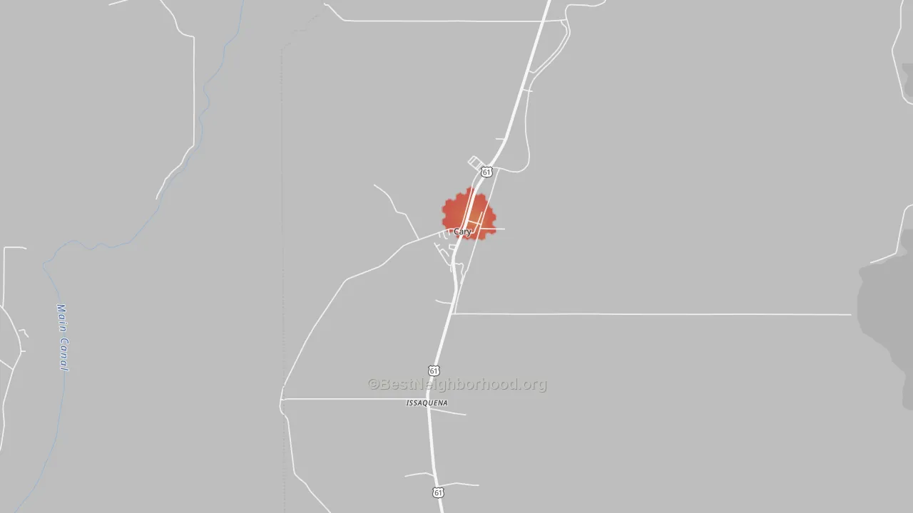 Walk Grade map of Cary, MS, walkable areas in green and car-dependent areas in red