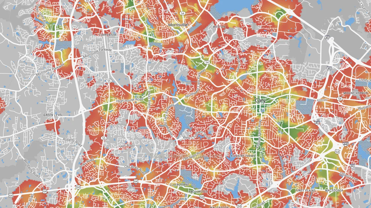 Walk Grade map of Cary, NC, walkable areas in green and car-dependent areas in red