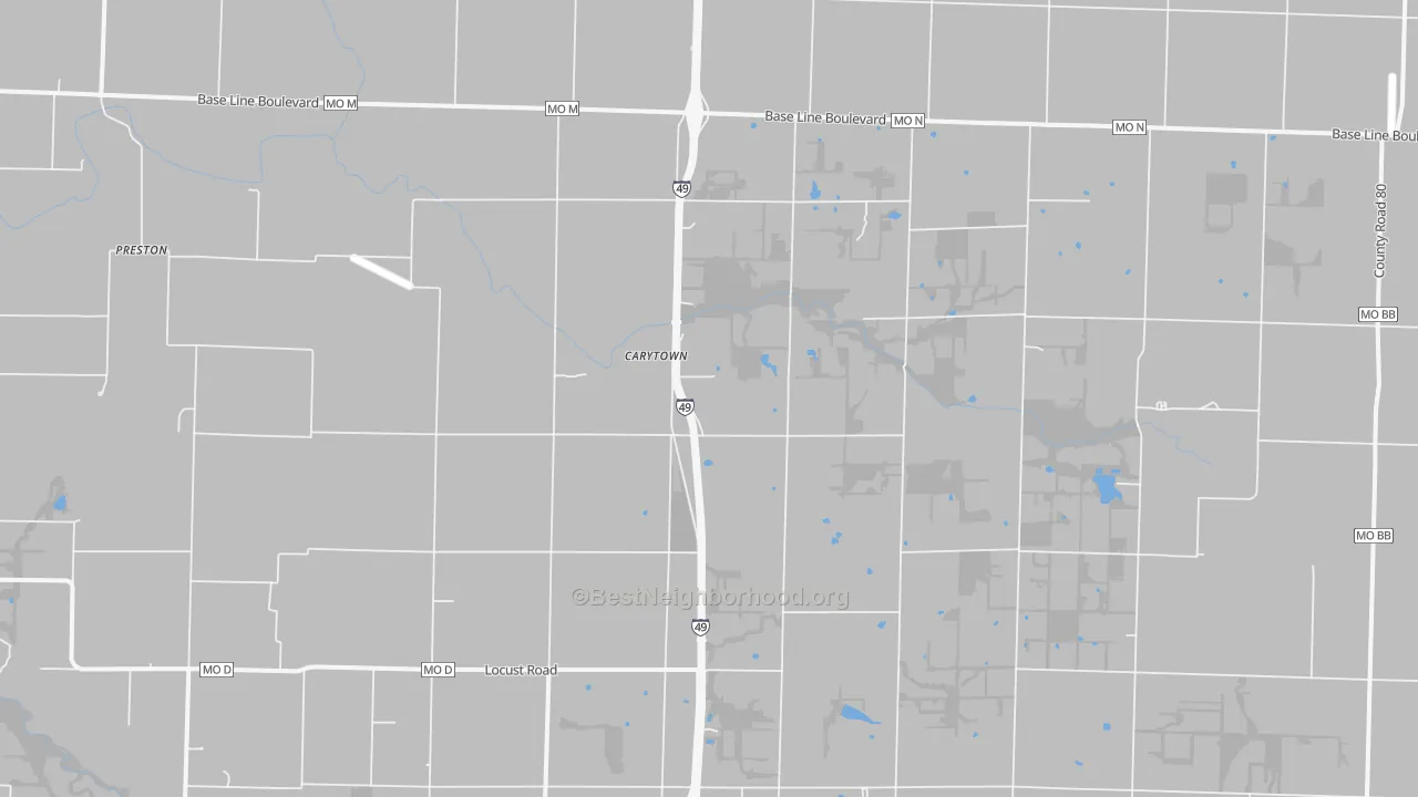 Walk Grade map of Carytown, MO, walkable areas in green and car-dependent areas in red