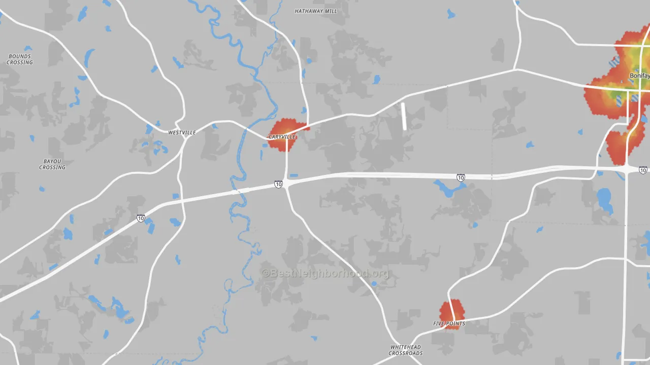Walk Grade map of Caryville, FL, walkable areas in green and car-dependent areas in red