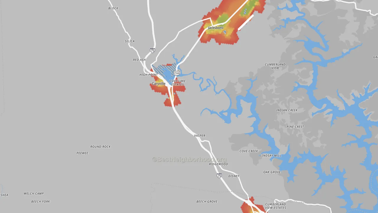 Walk Grade map of Caryville, TN, walkable areas in green and car-dependent areas in red