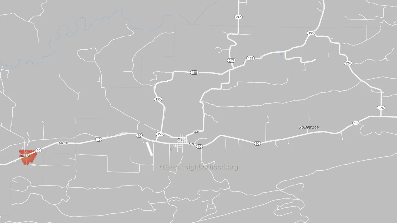 Walk Grade map of Casa, AR, walkable areas in green and car-dependent areas in red
