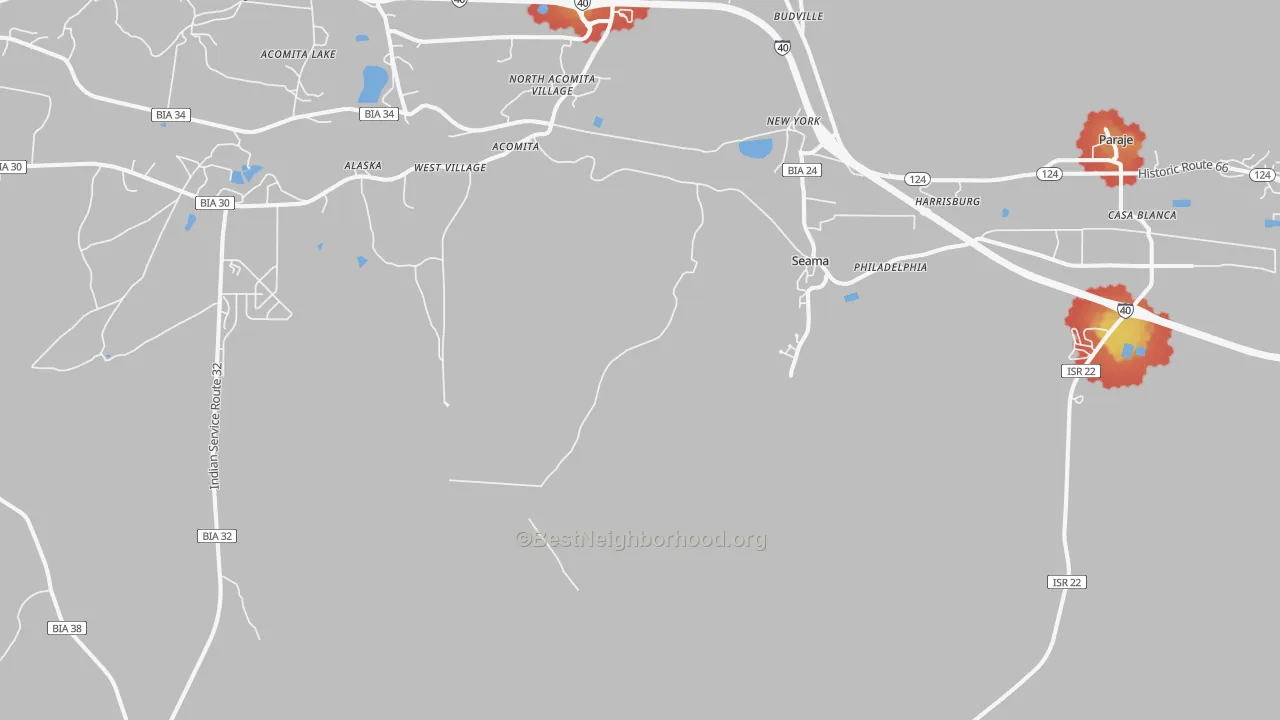 Walk Grade map of Casa Blanca, NM, walkable areas in green and car-dependent areas in red
