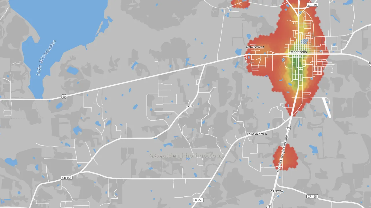 Walk Grade map of Casa Blanco, FL, walkable areas in green and car-dependent areas in red