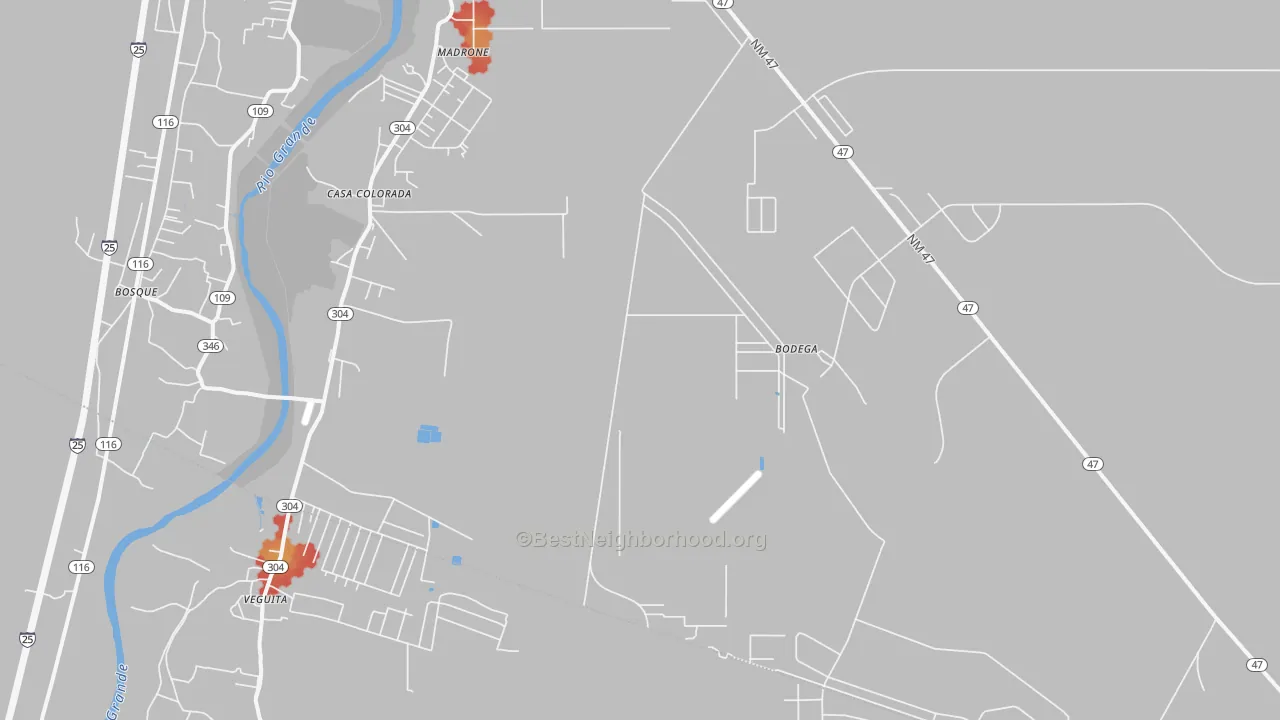 Walk Grade map of Casa Colorada, NM, walkable areas in green and car-dependent areas in red