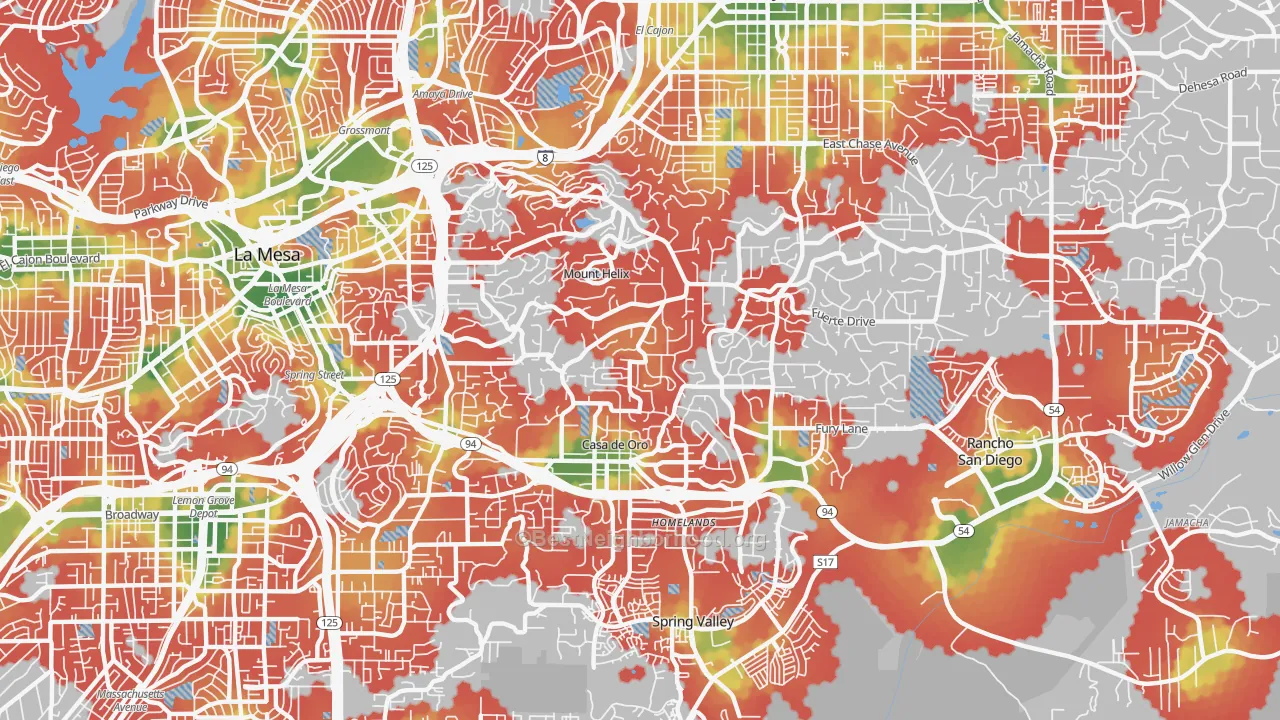 Walk Grade map of Casa de Oro-Mount Helix, CA, walkable areas in green and car-dependent areas in red