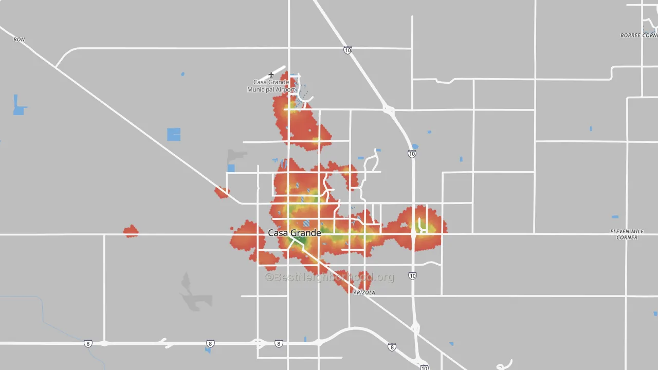 Walk Grade map of Casa Grande, AZ, walkable areas in green and car-dependent areas in red