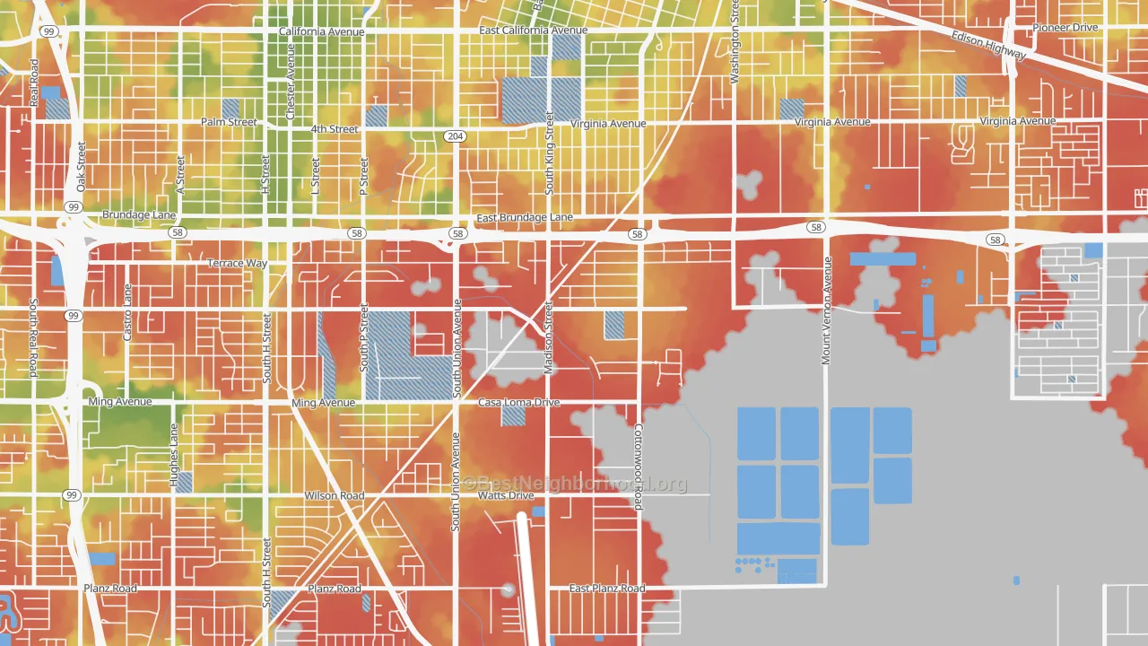 Walk Grade map of Casa Loma, Bakersfield, CA, walkable areas in green and car-dependent areas in red