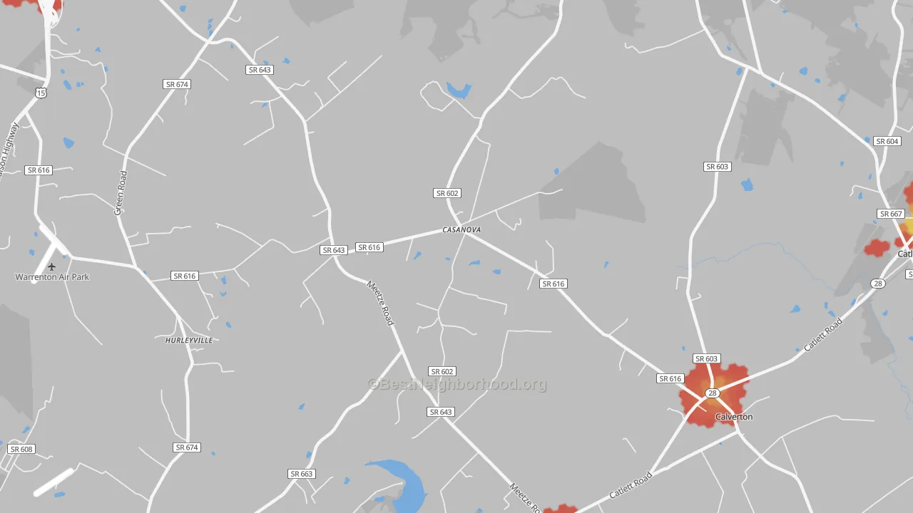 Walk Grade map of Casanova, VA, walkable areas in green and car-dependent areas in red