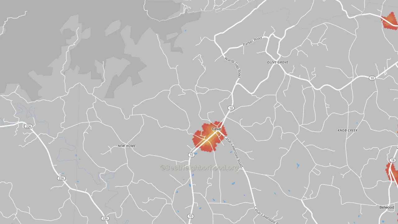 Walk Grade map of Casar, NC, walkable areas in green and car-dependent areas in red