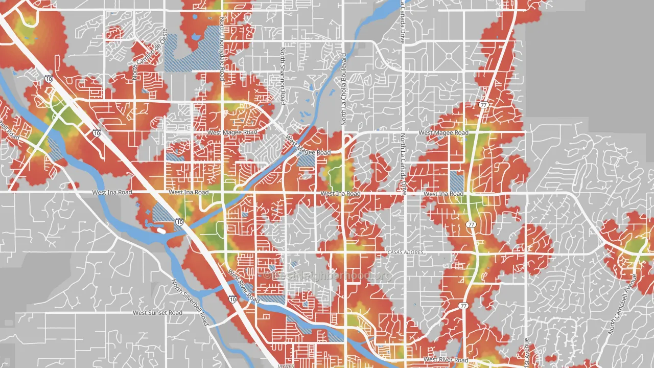 Walk Grade map of Casas Adobes, AZ, walkable areas in green and car-dependent areas in red
