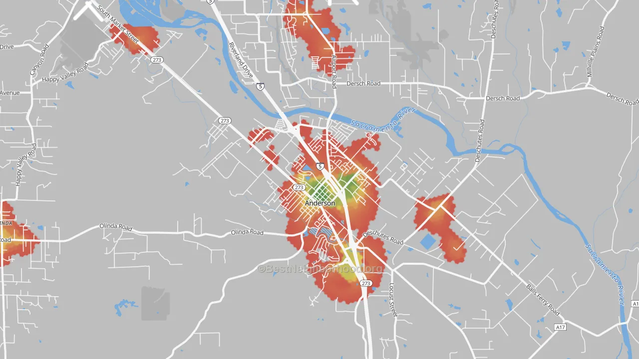 Walk Grade map of Cascade, Anderson, CA, walkable areas in green and car-dependent areas in red