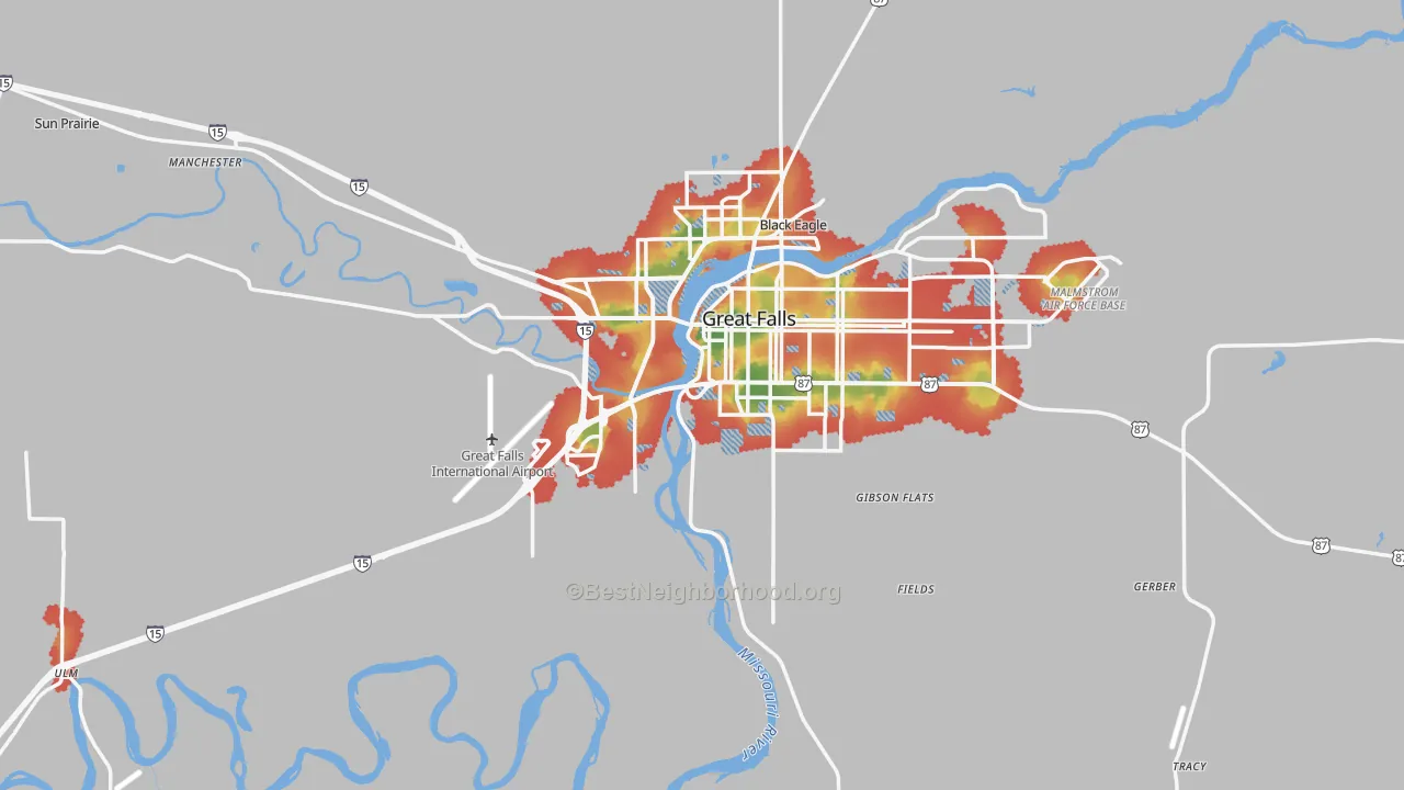 Walk Grade map of Cascade County, MT, walkable areas in green and car-dependent areas in red