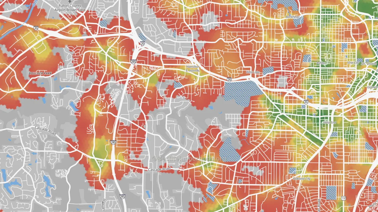 Walk Grade map of Cascade Heights, Atlanta, GA, walkable areas in green and car-dependent areas in red