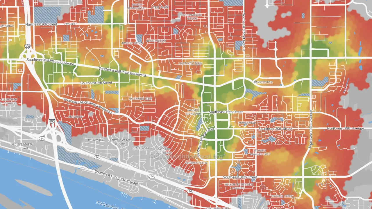 Walk Grade map of Cascade Highlands, Vancouver, WA, walkable areas in green and car-dependent areas in red