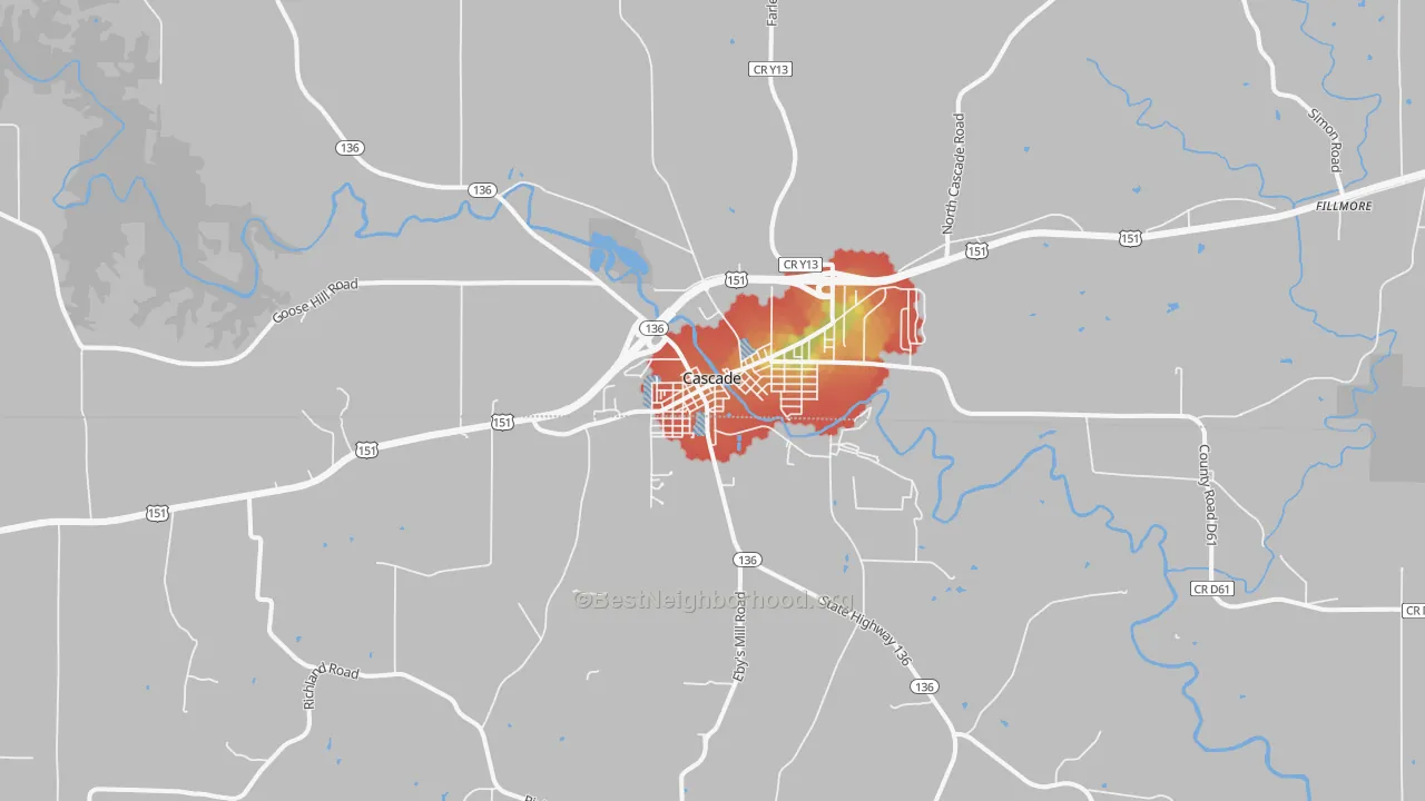 Walk Grade map of Cascade, IA, walkable areas in green and car-dependent areas in red