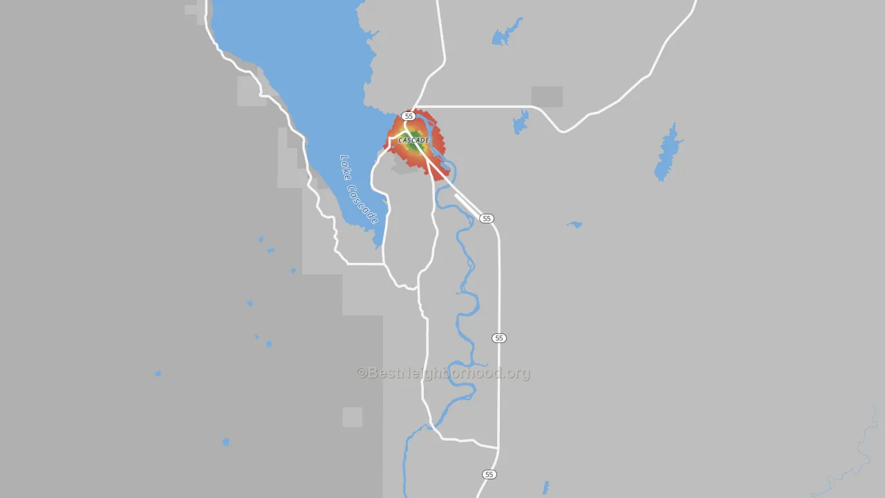 Walk Grade map of Cascade, ID, walkable areas in green and car-dependent areas in red